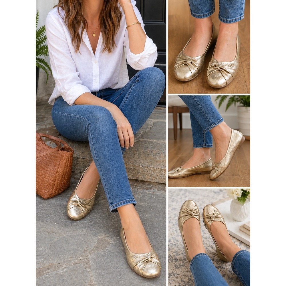 Y2K Born Gold Metallic Leather Flats Womens Size 9 Comfort Slip On Ballet